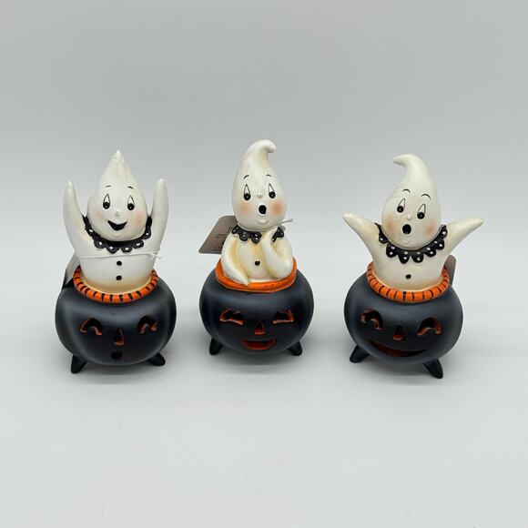 New Johanna Parker 3 Cutie Ghosts In Jack O Lantern Cauldron Halloween Ghost Set - Picture 1 of 8